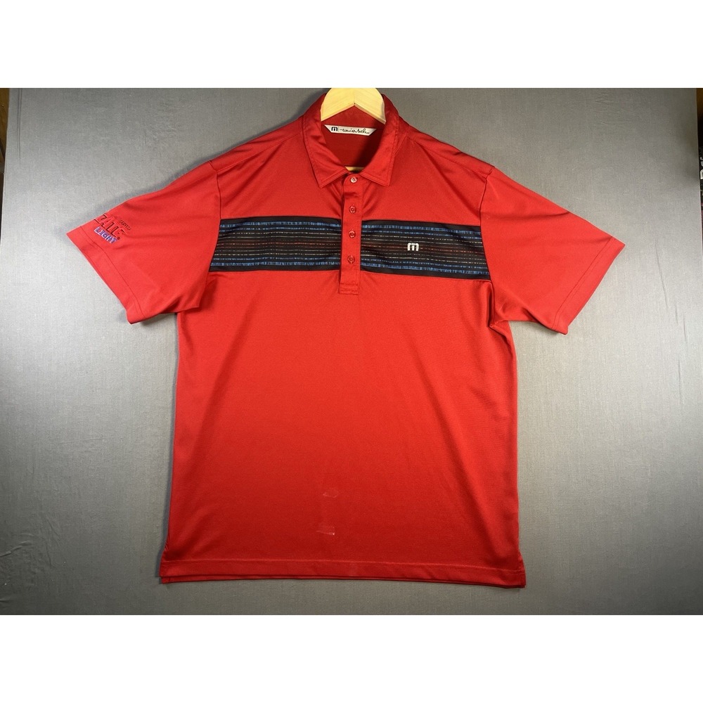 Travis Mathew Polo Shirt Mens Red Short Sleeve Button Golf Tecate Light Logo L